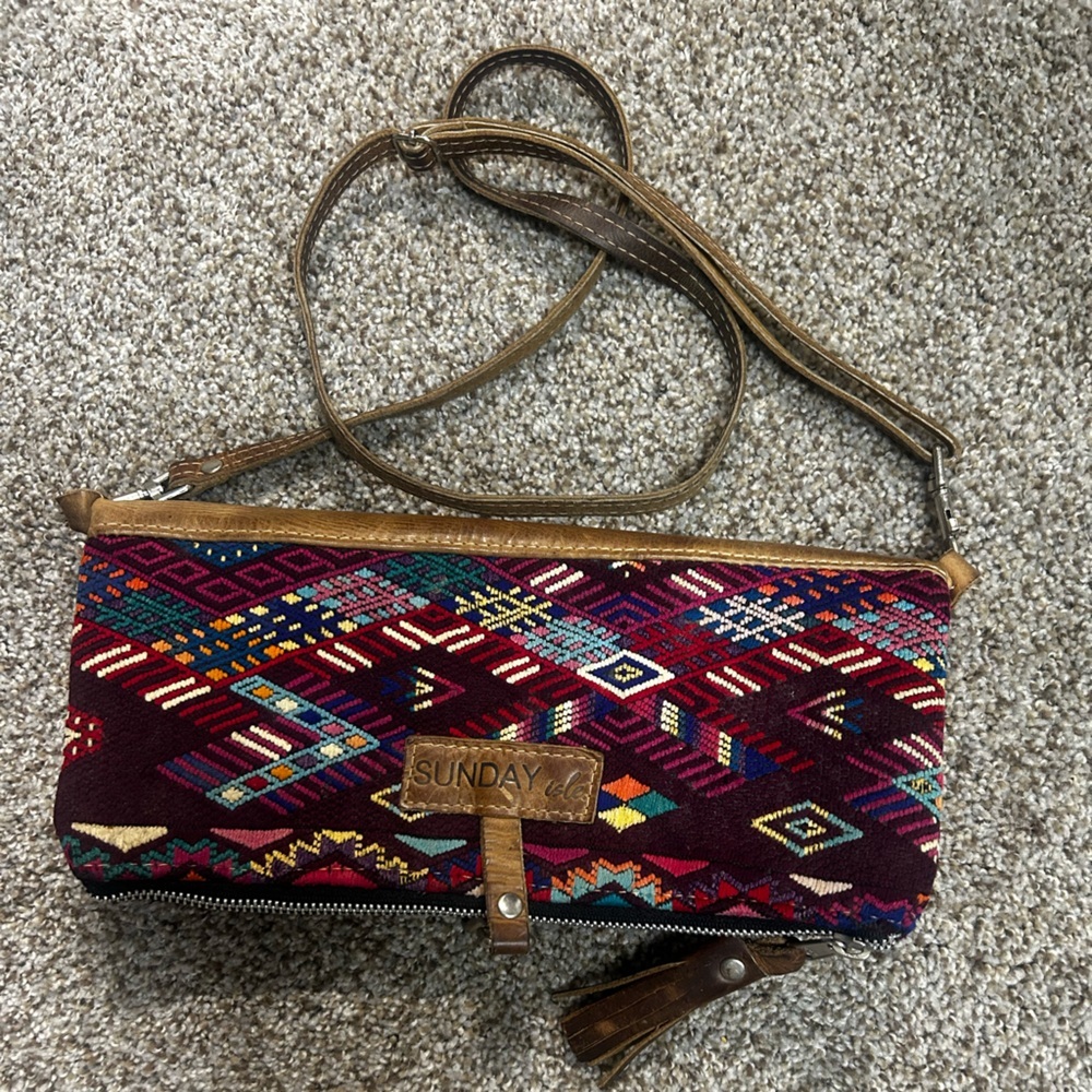 Sunday Isle Embroidered Fold Over Clutch Crossbody Brown Distressed Leather Bag